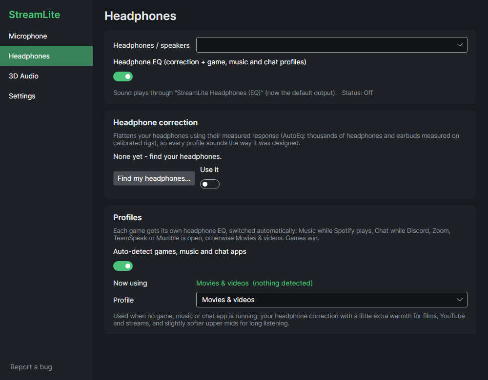 The Headphones page with headphone correction and profiles