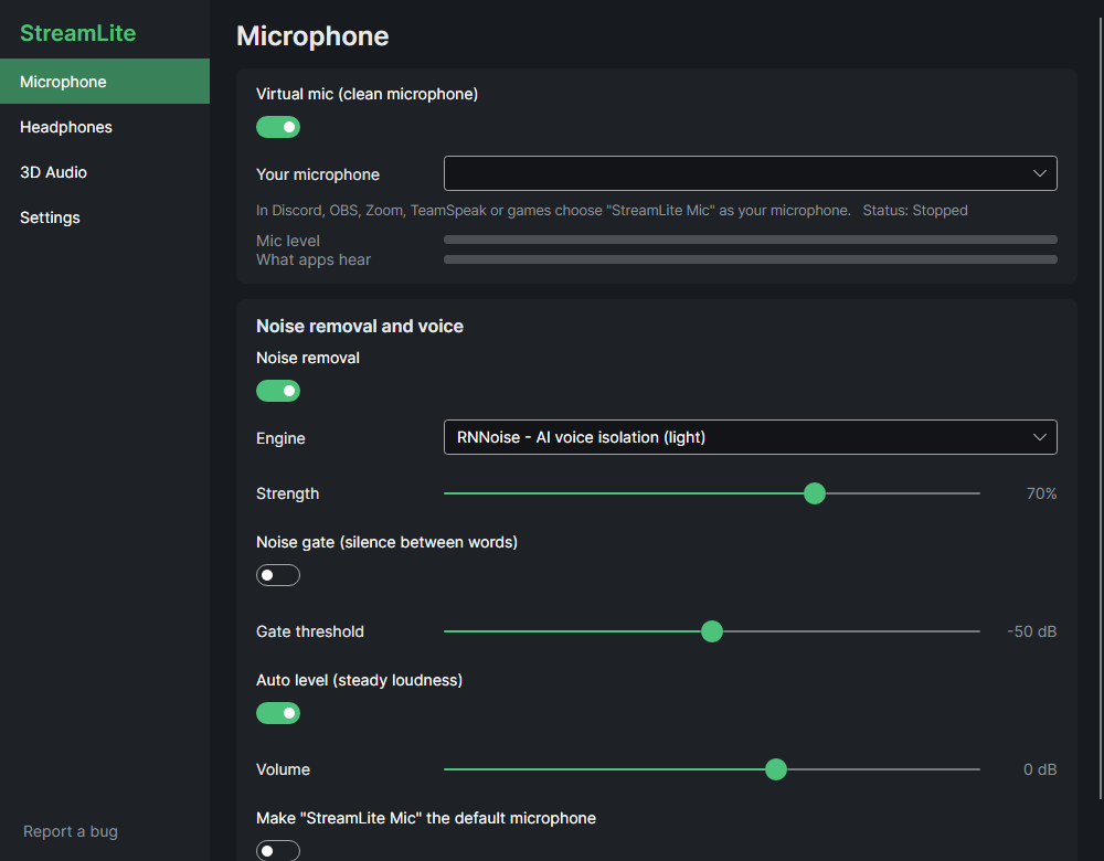 The Microphone page on Linux