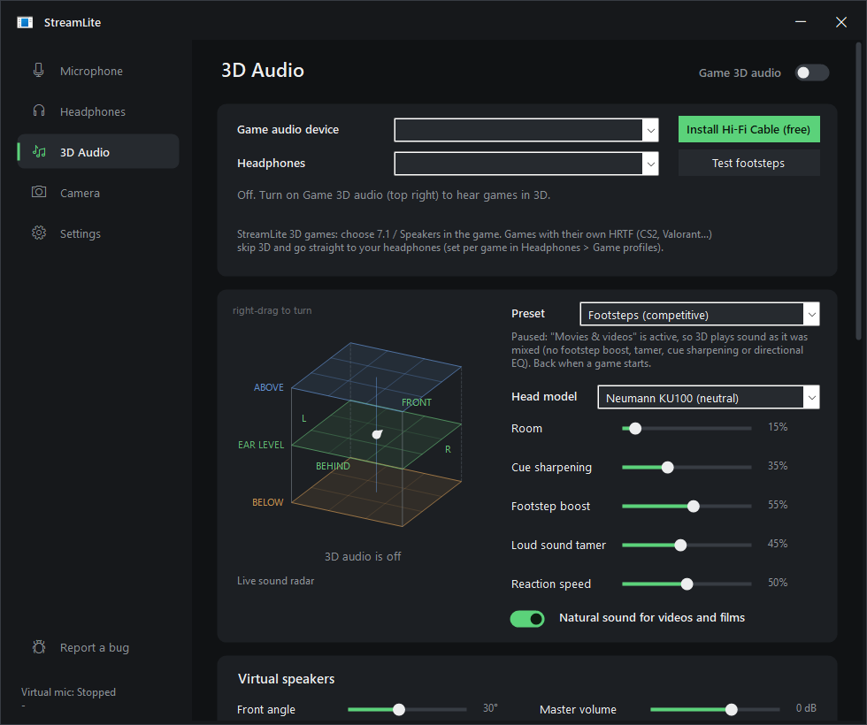 StreamLite's 3D audio page: the sound cube with floors below, at ear level and above, and the 3D settings